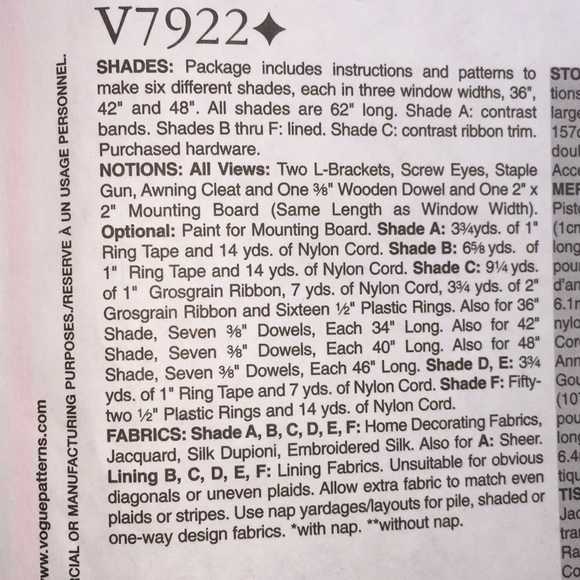 Vogue Decor V7922 Window Shades Curtains Sewing Pattern Uncut - Picture 4 of 8
